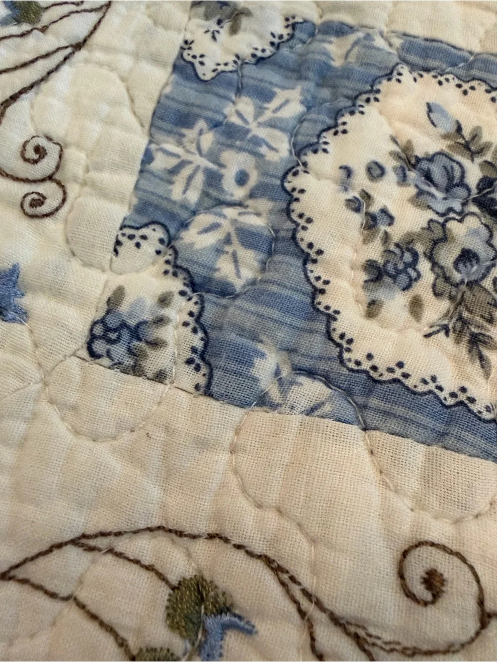 Trio 3 Blue and White Patchwork Quilted pillow Shams- Floral & Gingham